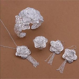 Silver Earrings & Ring Bangle Necklace Set